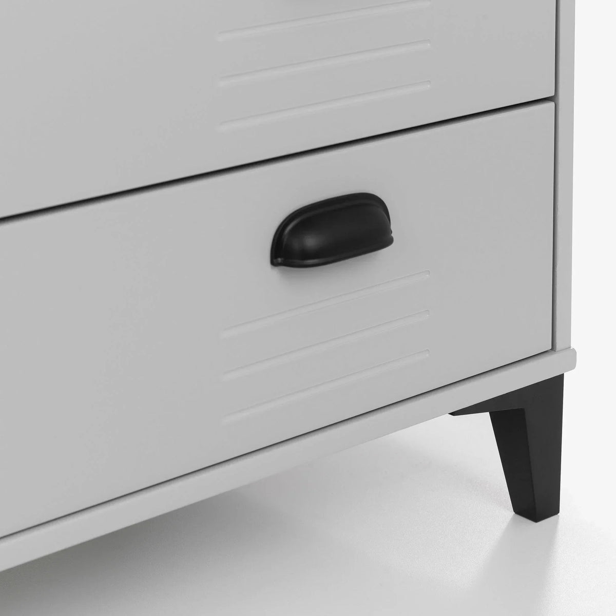 Locker style drawer chest detail showing black handle and modern metal legs