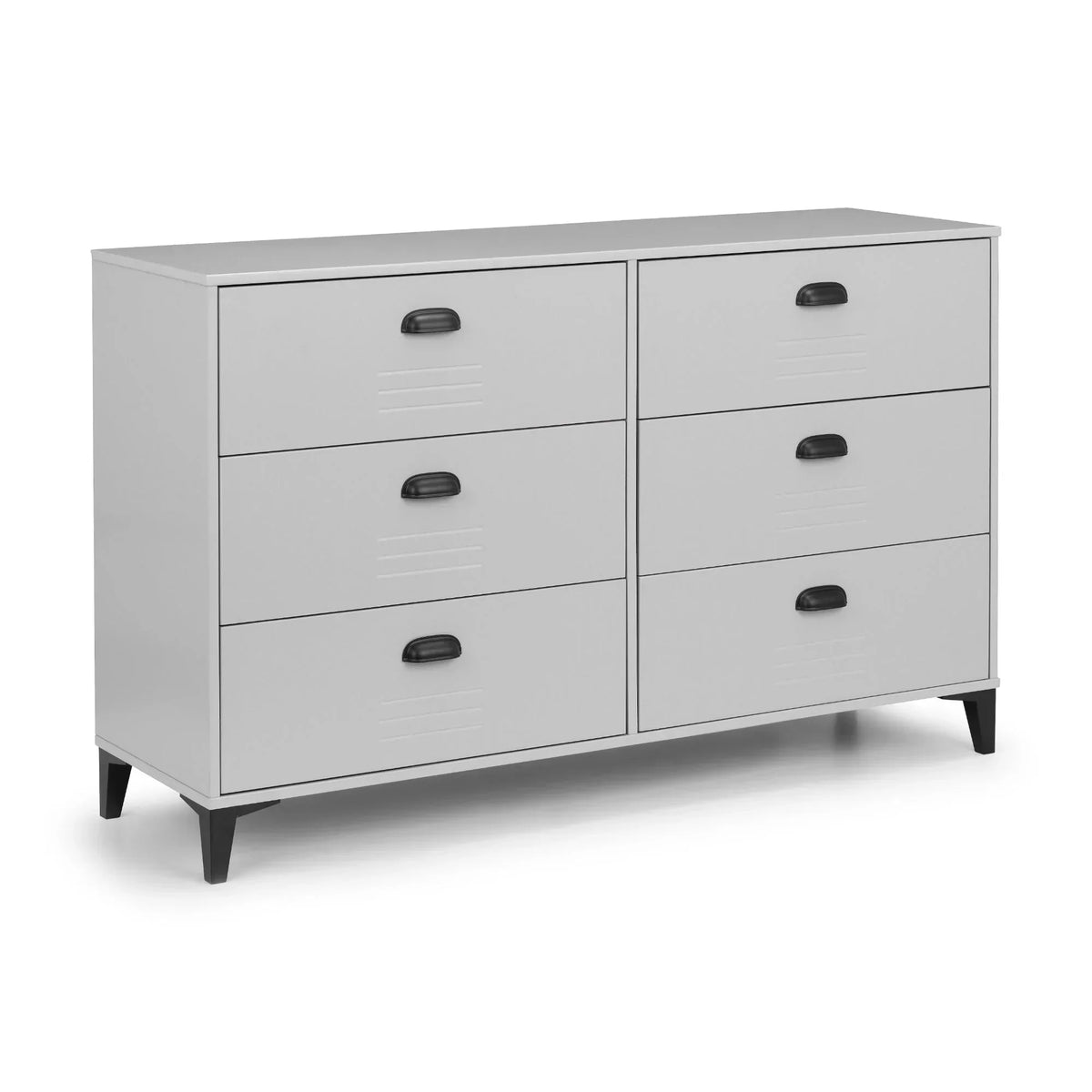 Wide chest of drawers with six grey metal drawers and black handles on black legs