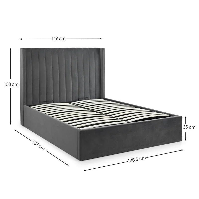 Grey upholstered bed frame with vertical headboard panels and slatted base, size measurements shown