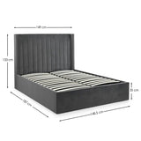 Grey upholstered bed frame with vertical headboard panels and slatted base, size measurements shown