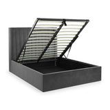 Grey ottoman storage bed with lifted slatted frame and vertical panel headboard