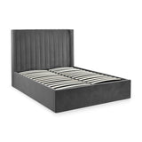 Grey upholstered bed frame with vertical panel headboard and wooden slatted base