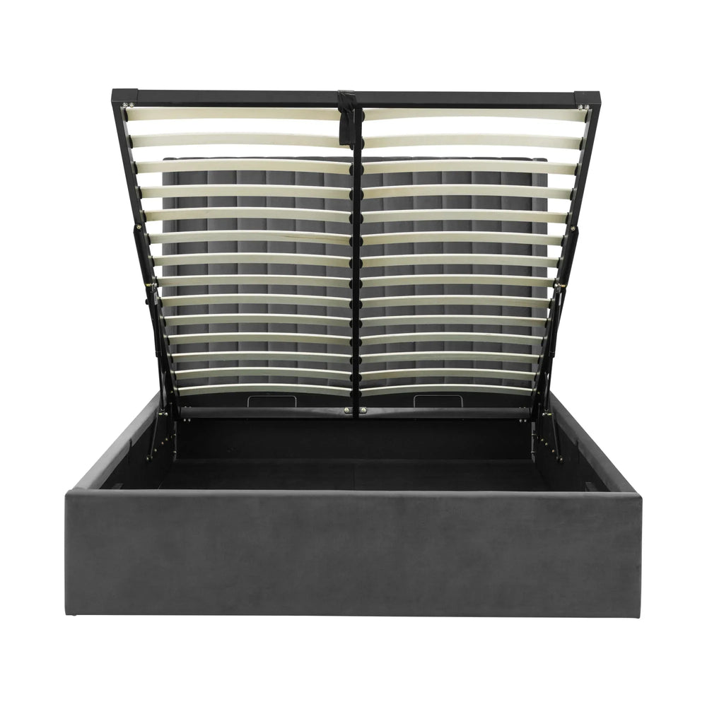 Grey fabric ottoman bed frame with open lift-up storage and slatted wooden base