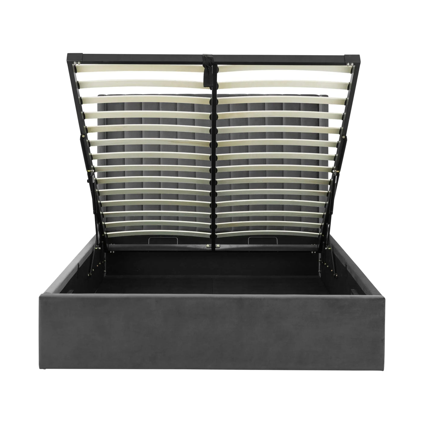 Grey fabric ottoman bed frame with open lift-up storage and slatted wooden base