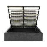Grey fabric ottoman bed frame with open lift-up storage and slatted wooden base
