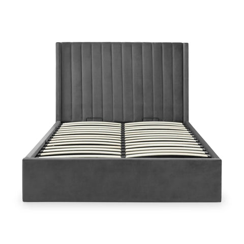 Grey upholstered bed frame with vertical panel headboard and wooden slatted base, front view