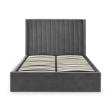 Grey upholstered bed frame with vertical panel headboard and wooden slatted base, front view