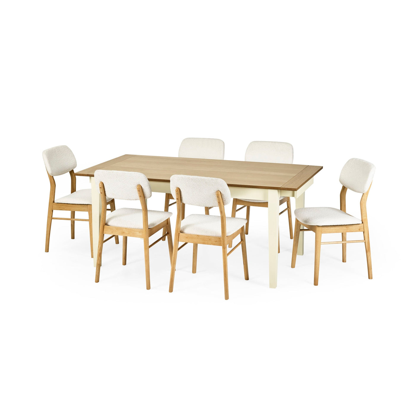 Dining table with cream legs and natural wood top surrounded by six wooden chairs with white cushioned seats.