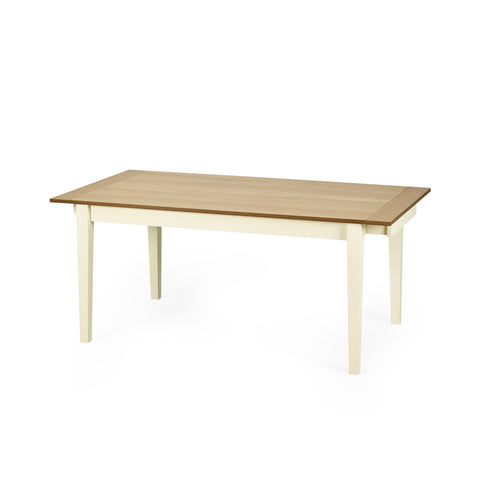 Rectangular dining table with light wood top and cream legs, isolated on white background, extension visible