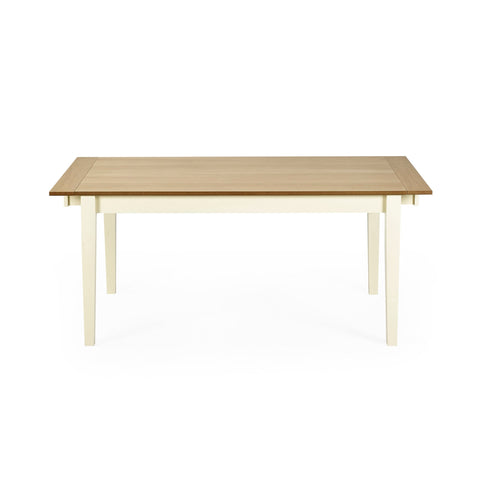 Front view of rectangular dining table with light wood top and cream tapered legs on white background