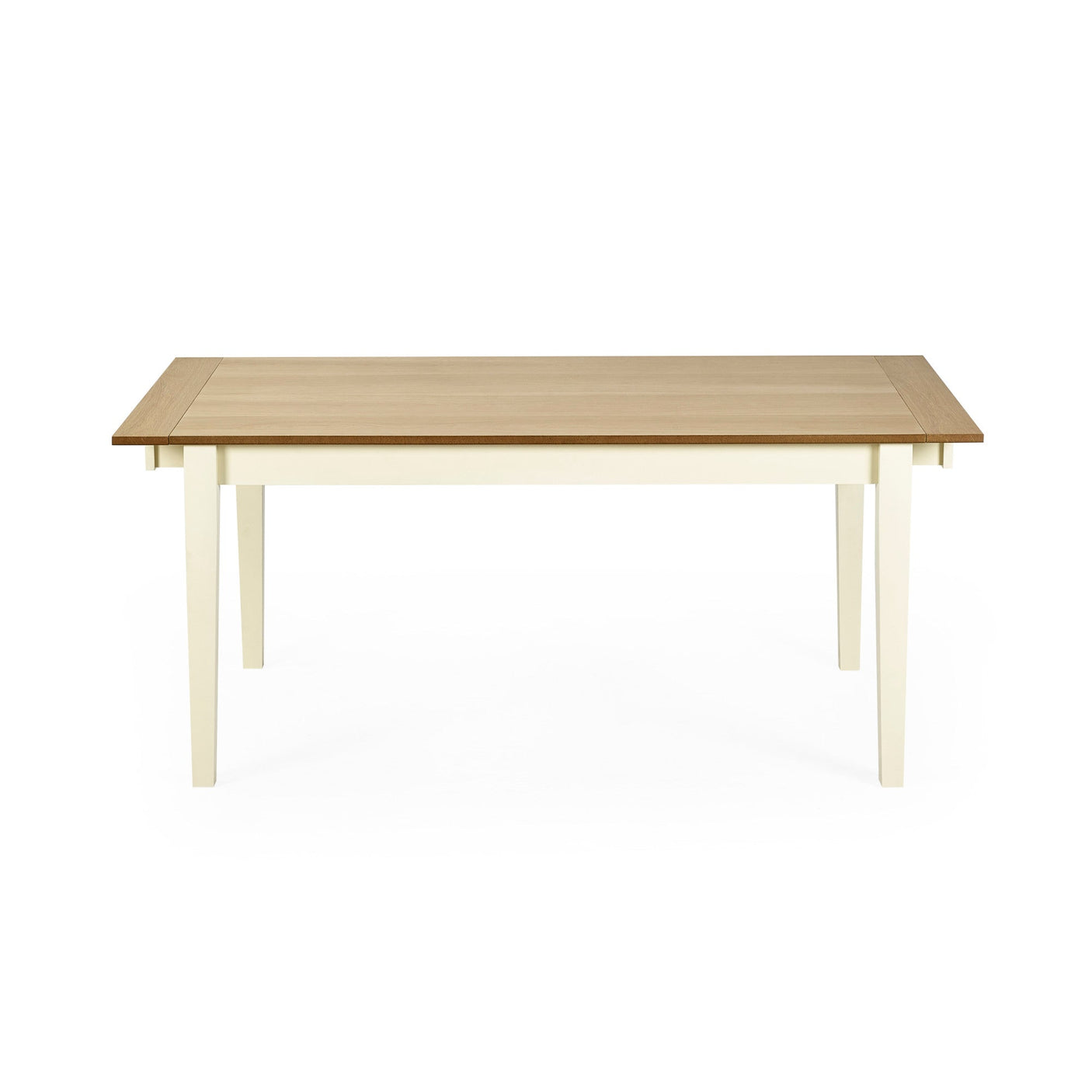 Front view of rectangular dining table with light wood top and cream tapered legs on white background