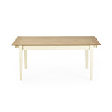 Front view of rectangular dining table with light wood top and cream tapered legs on white background