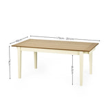 Rectangular wooden dining table with a light natural wood top and cream painted legs with measurements.