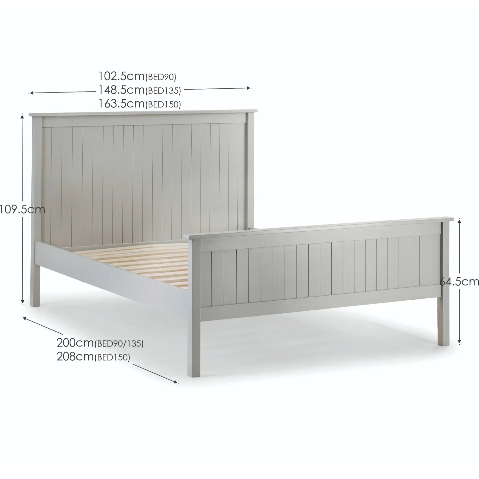 White wooden bed frame with panel headboard and footboard, shown with size measurements