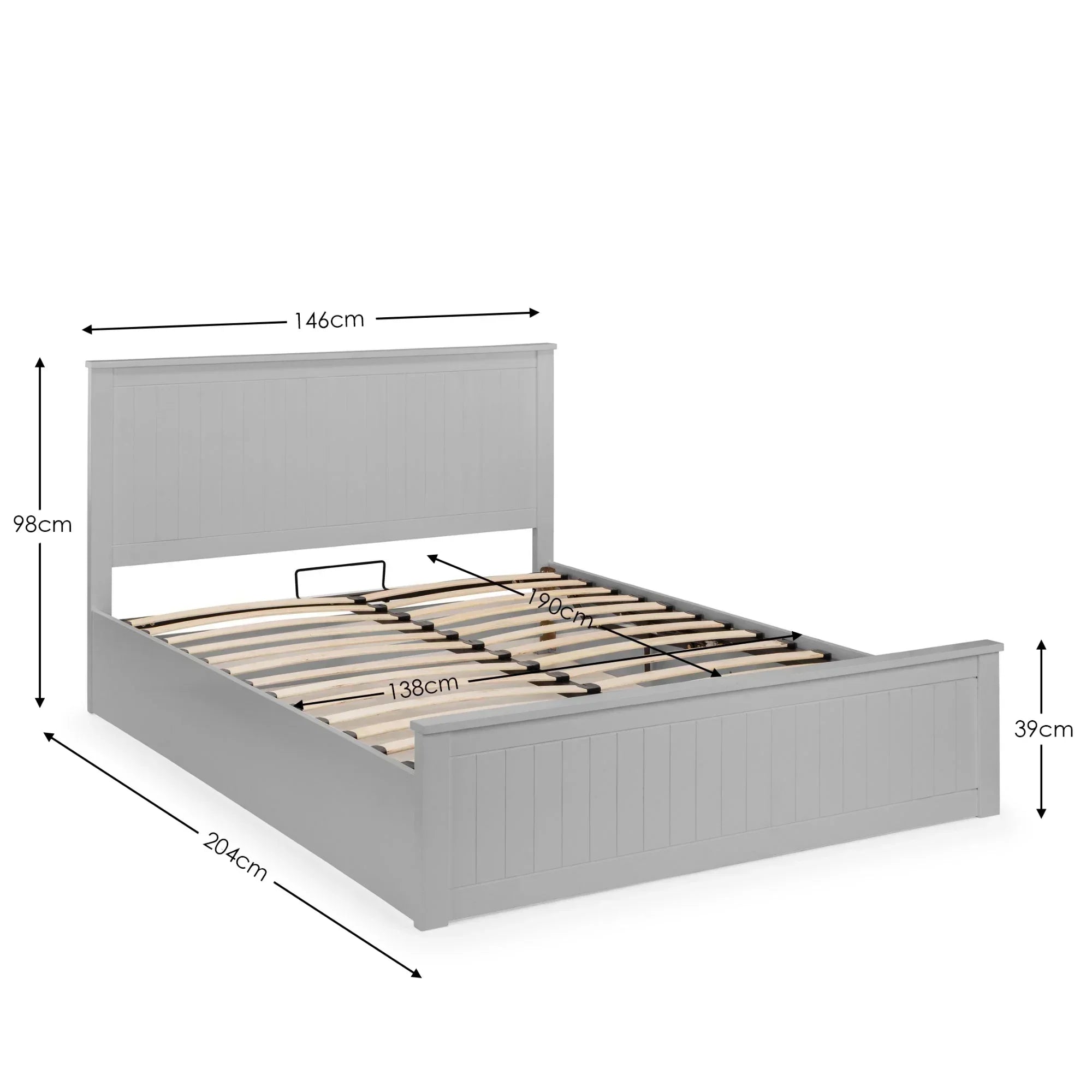 Grey wooden bed frame with slatted base and dimensions indicated on white background