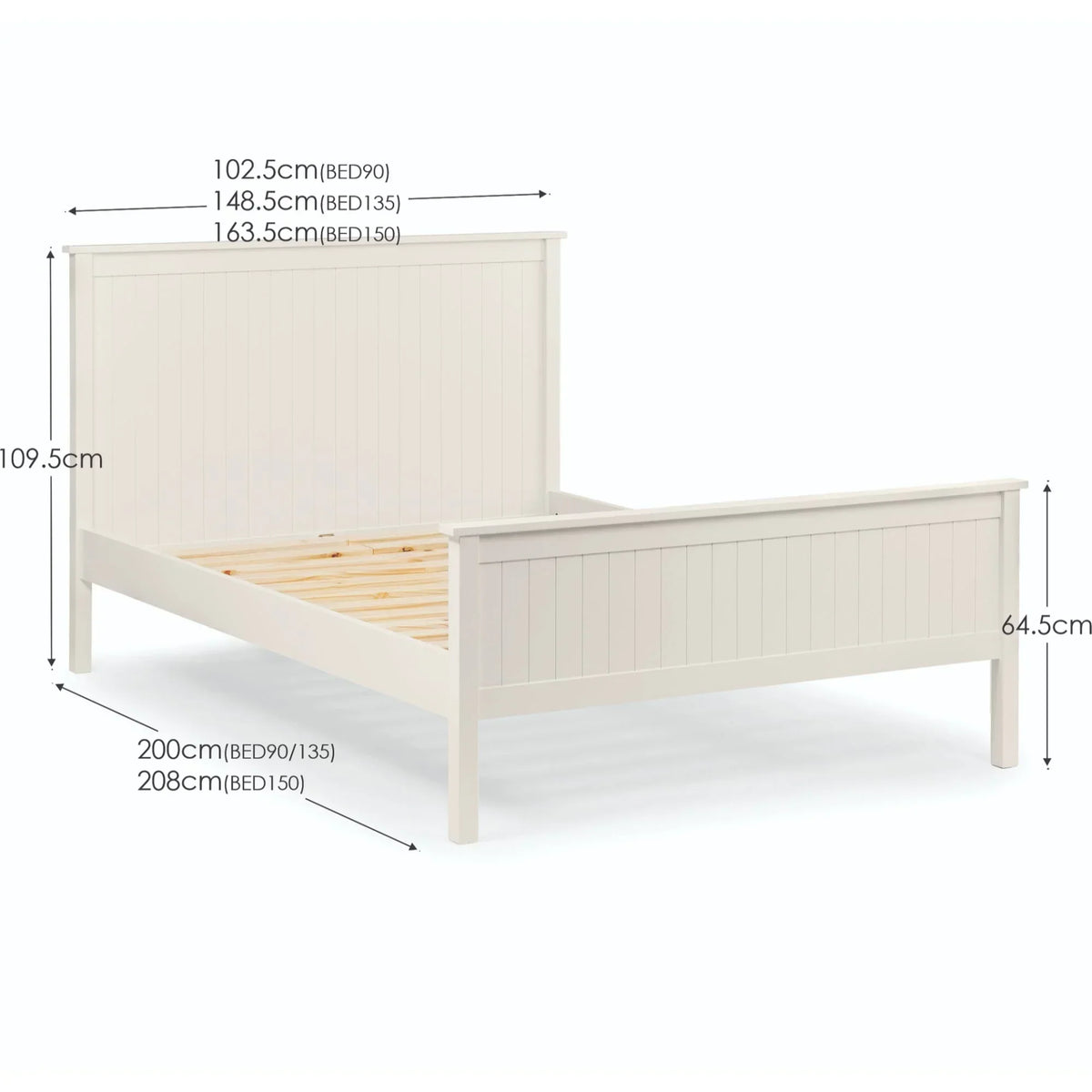 White wooden bed frame with panelled headboard, footboard, and size measurements shown