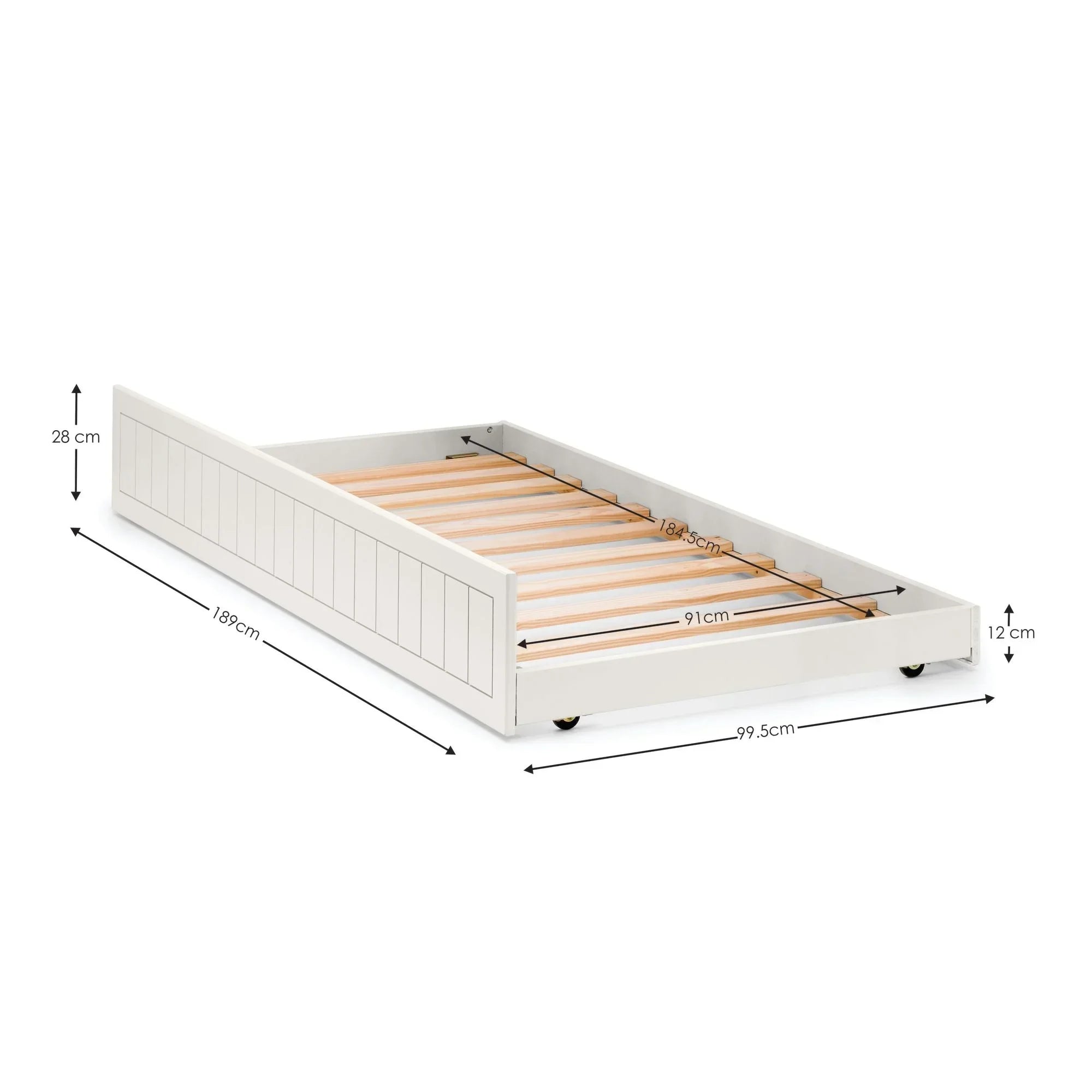 White wooden trundle bed frame with slatted base and visible dimensions on castor wheels
