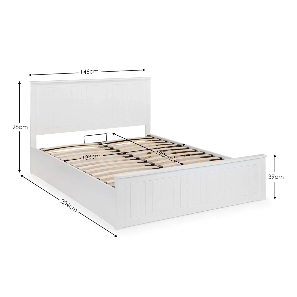 White wooden bed frame with slatted base and headboard, showing detailed dimensions