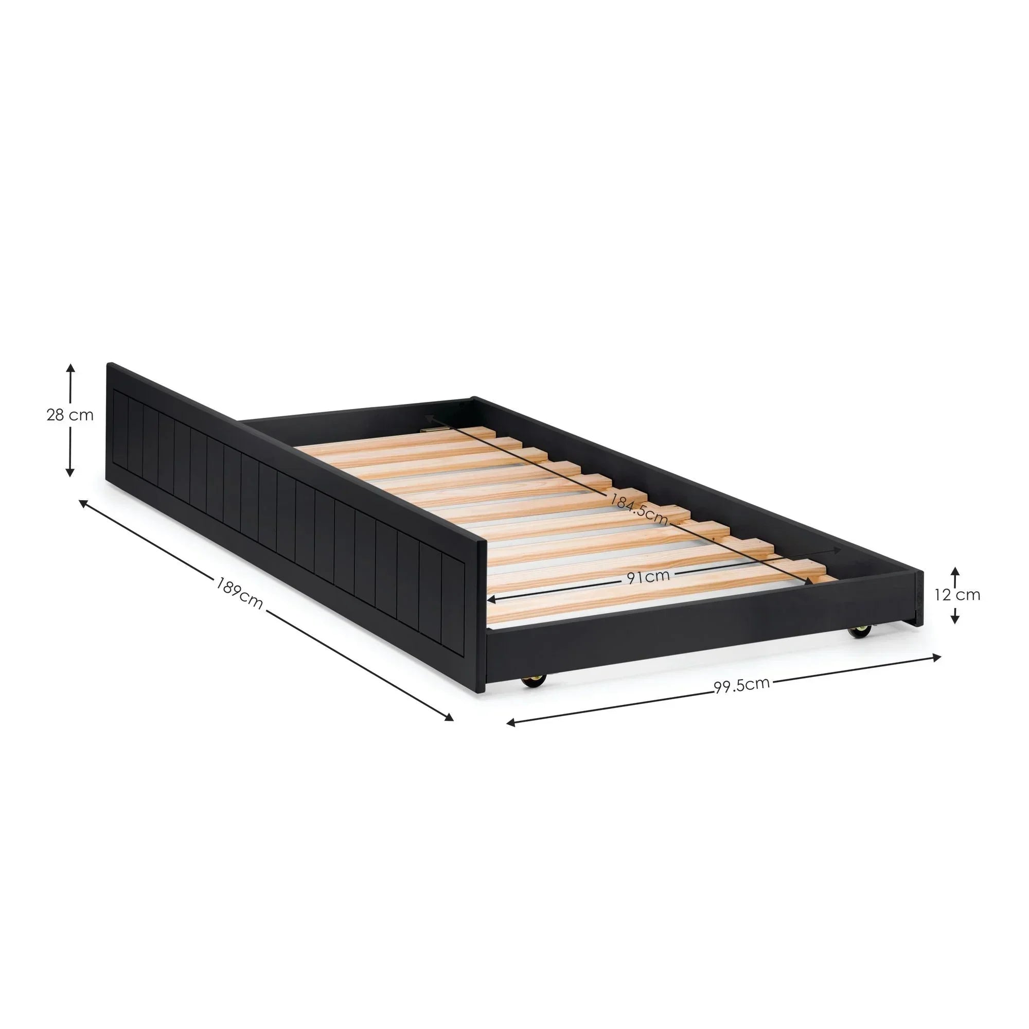 Black wooden trundle bed frame with slatted base and measurement dimensions shown
