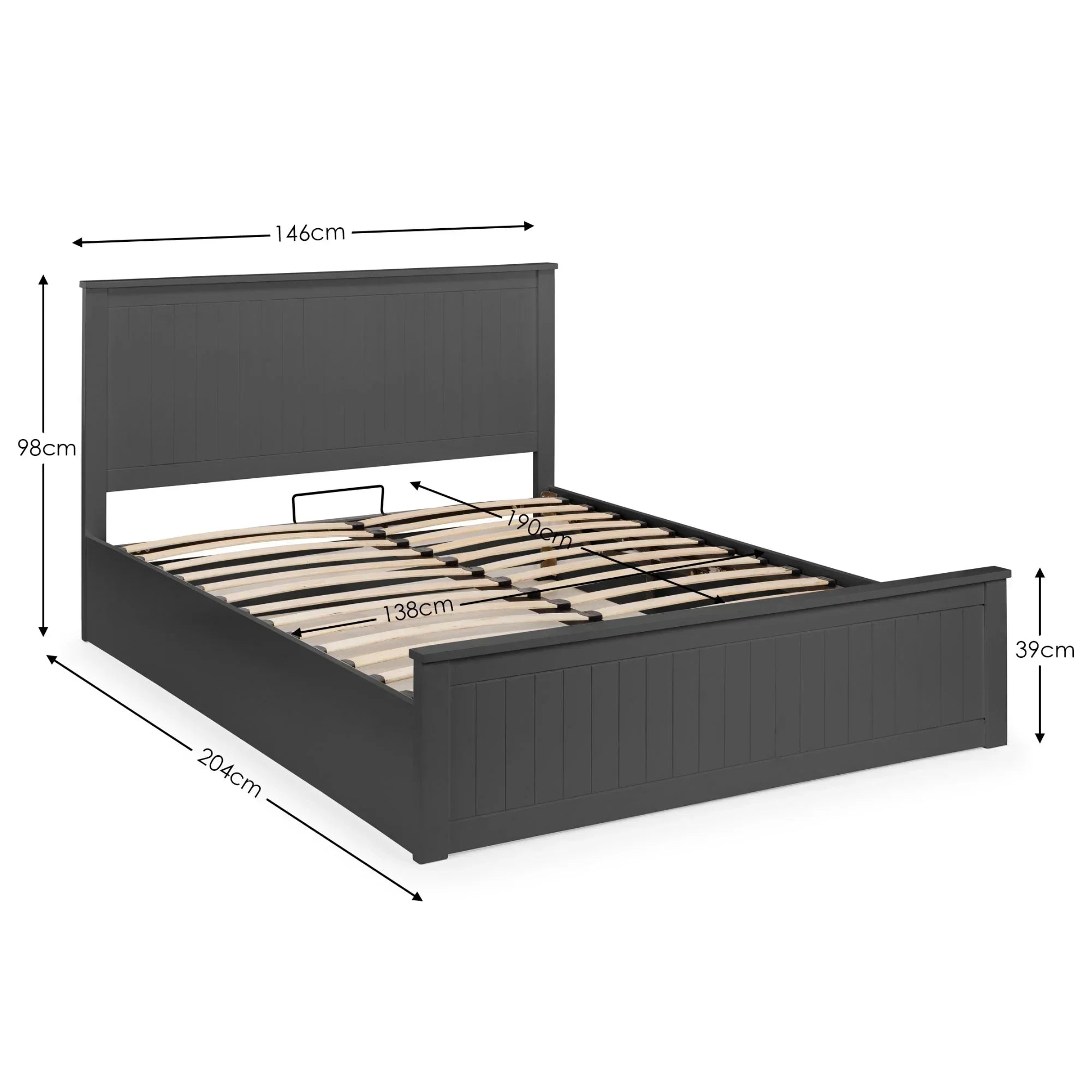 Dark wood double bed frame with slatted base and headboard, size measurements displayed