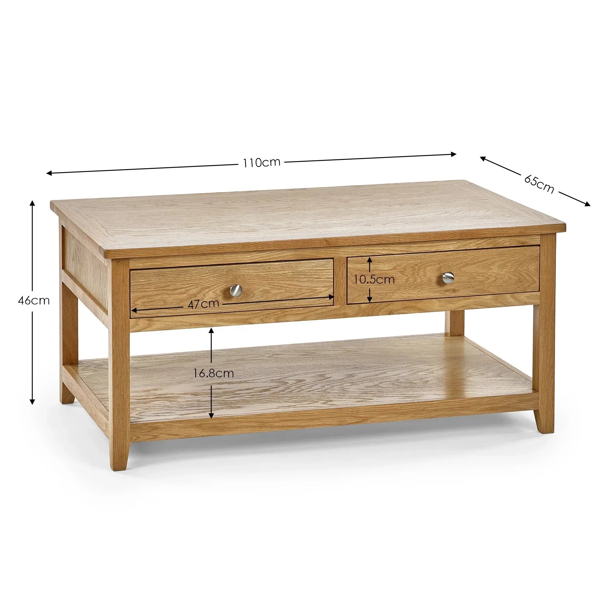 Oak coffee table with two drawers, lower shelf and measurements displayed