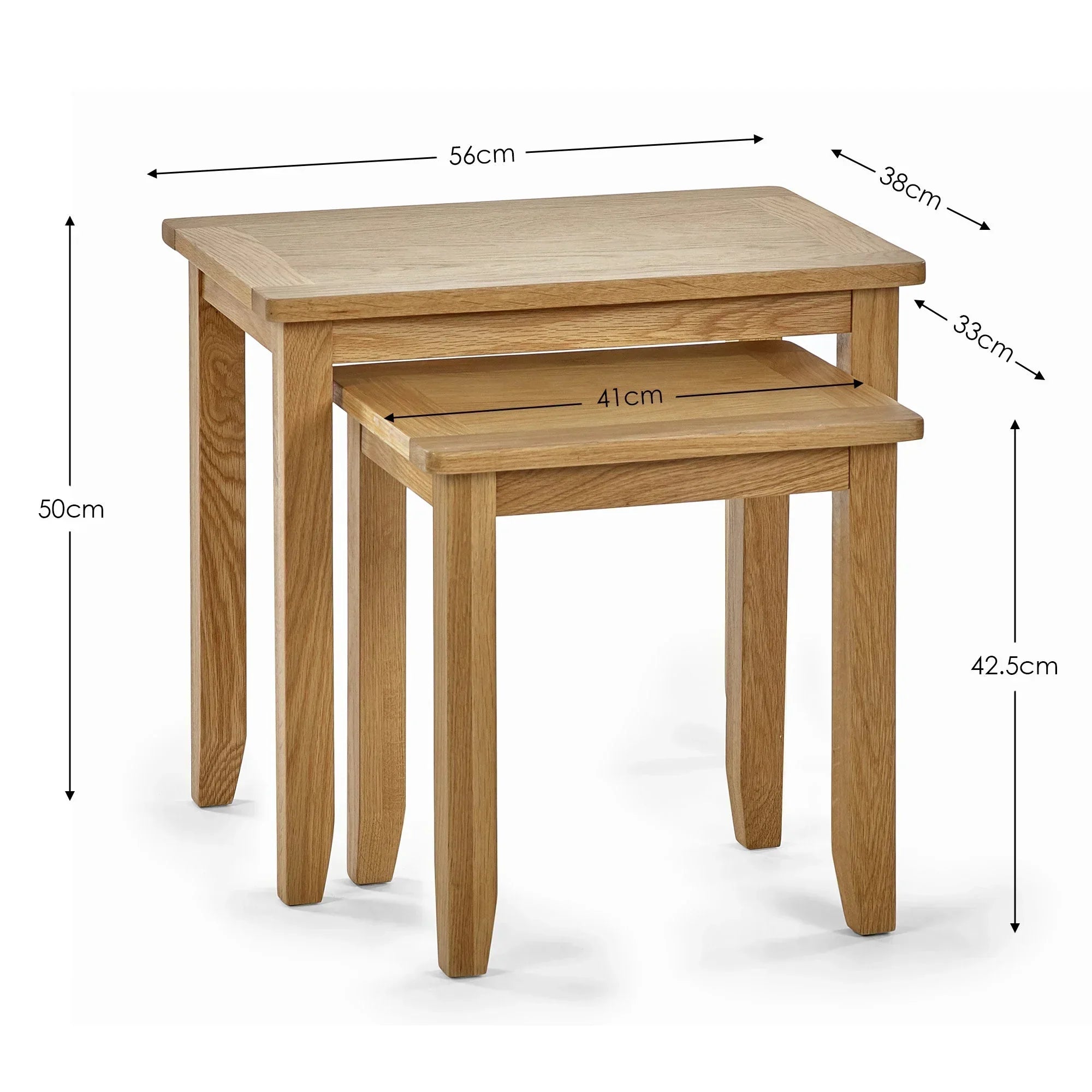 Oak nest of tables with dimensions, two stacking tables in natural wood finish