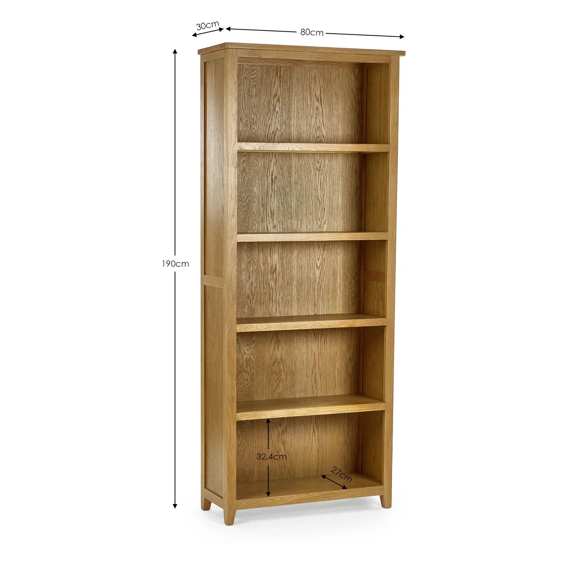 Oak bookcase with four shelves, wood grain finish, dimensions labeled, white background