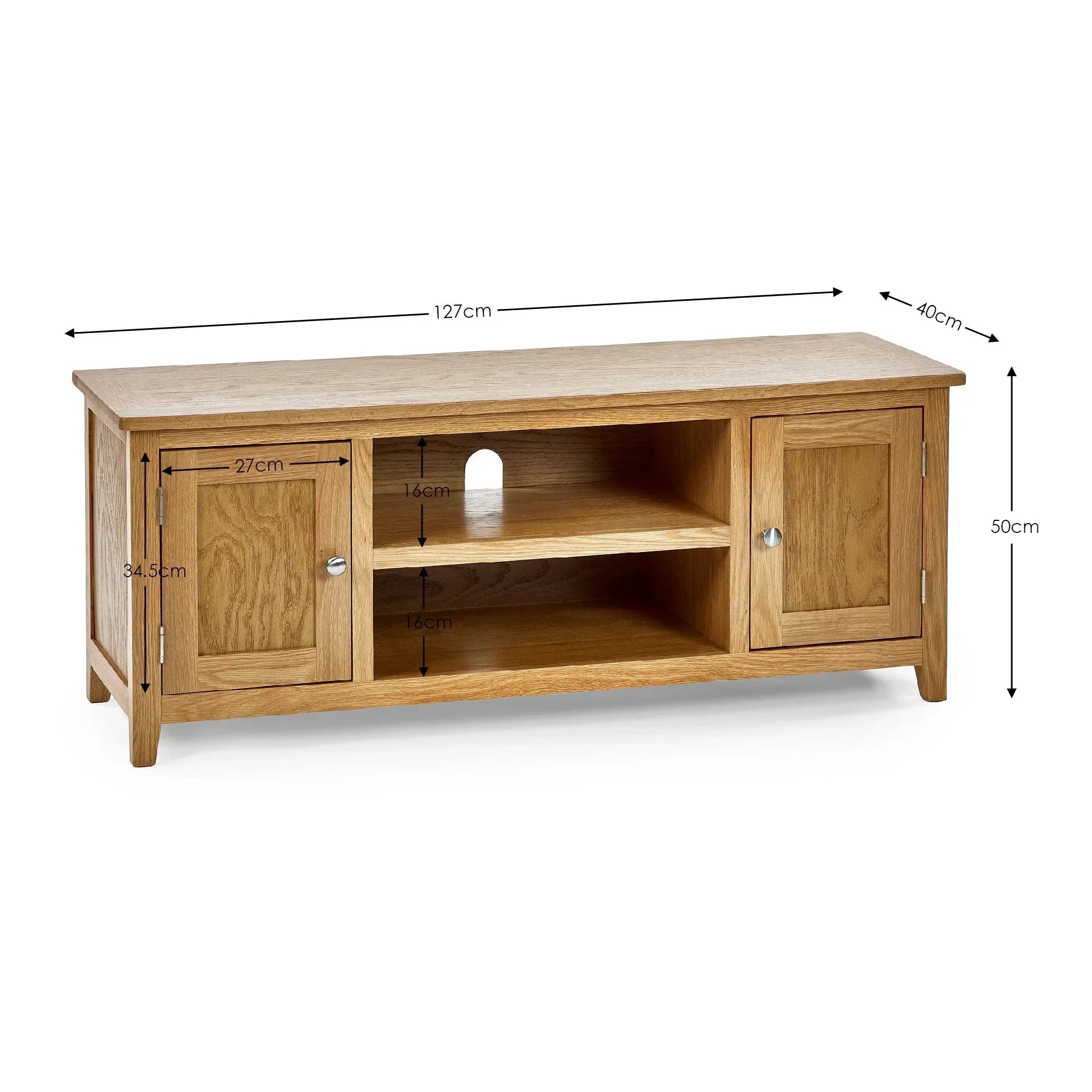 Oak TV unit with two cupboards, open shelves and cable access, dimension lines shown