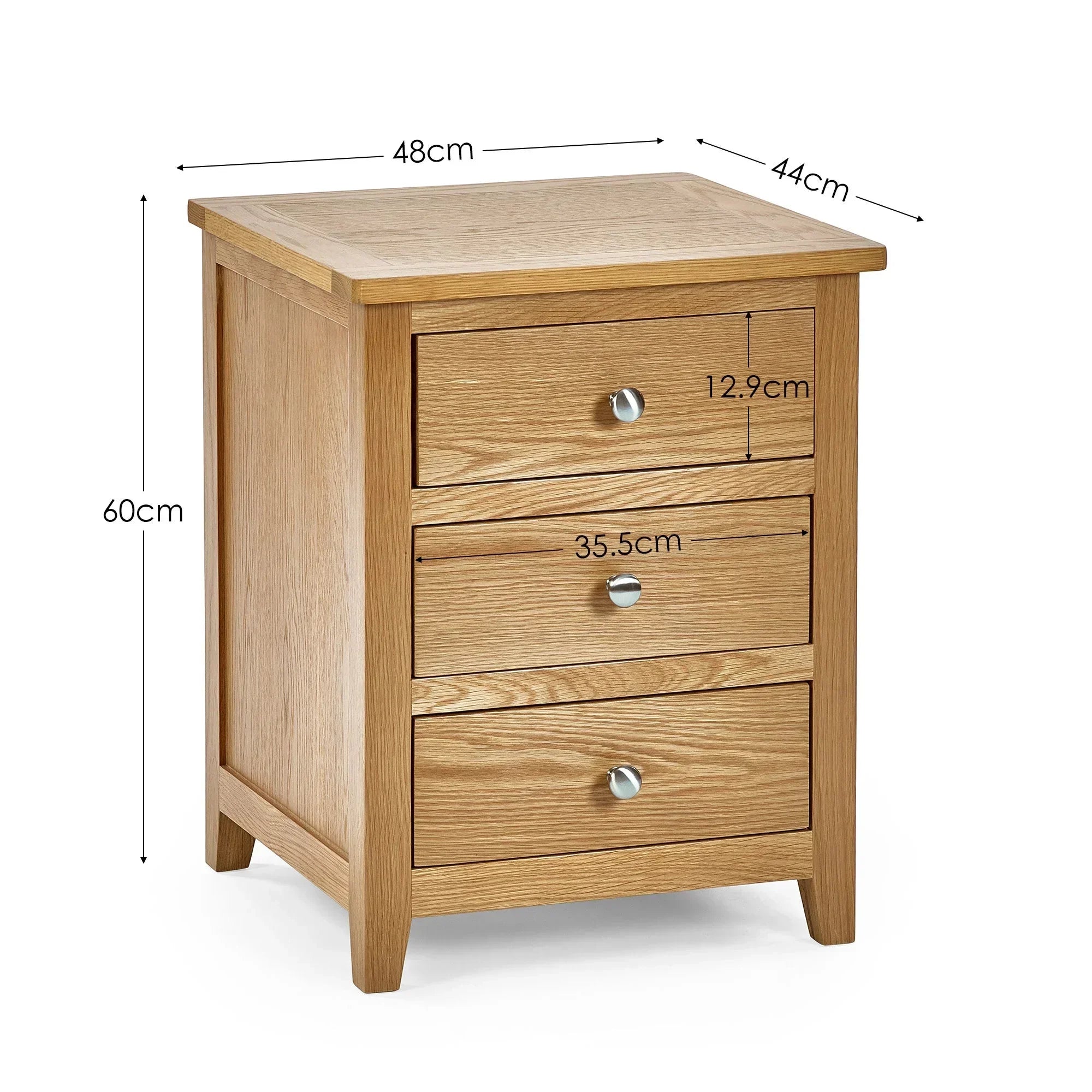 Oak bedside table with three drawers and chrome handles, measurements labeled in centimeters