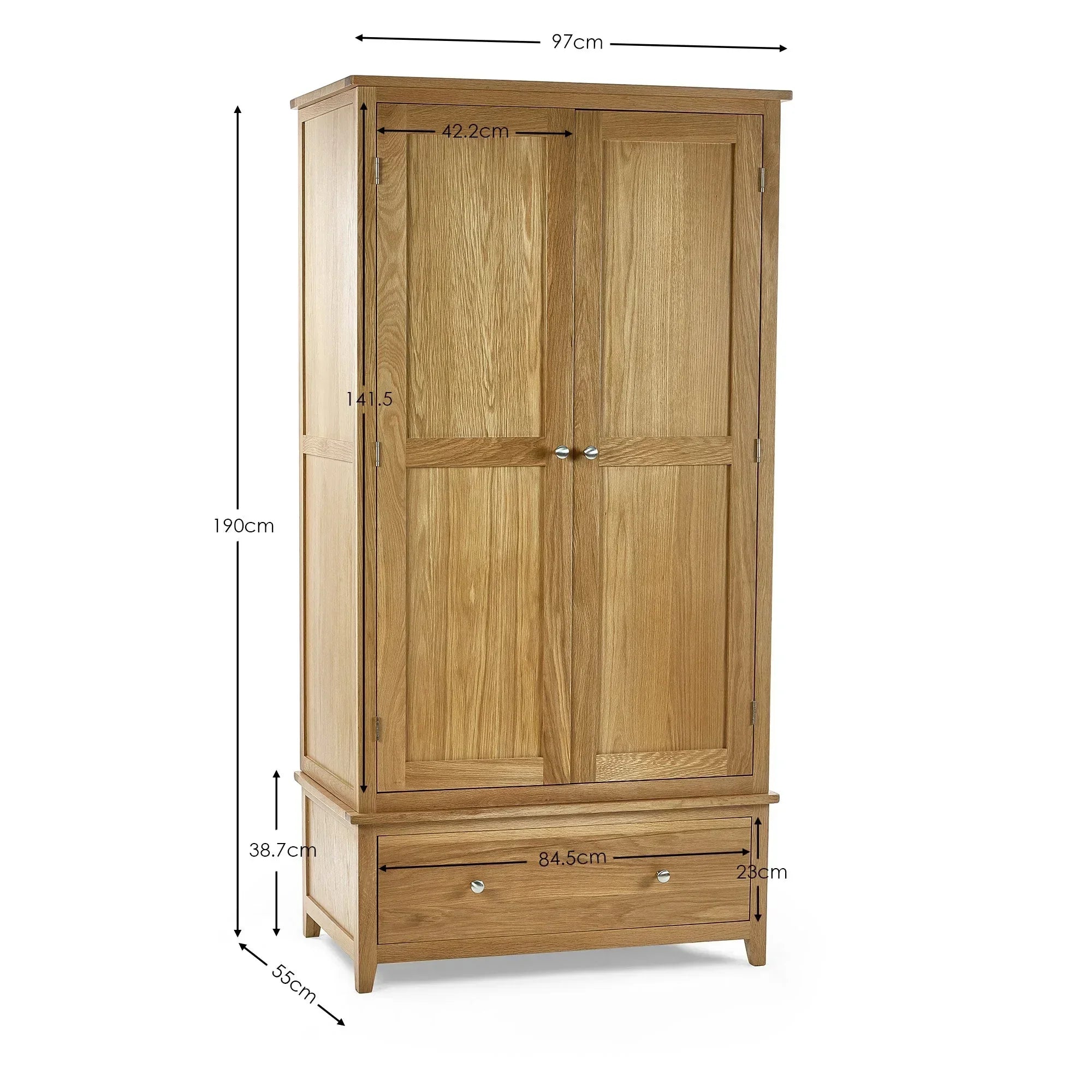 Oak wardrobe with two paneled doors, lower storage drawer, and detailed size measurements