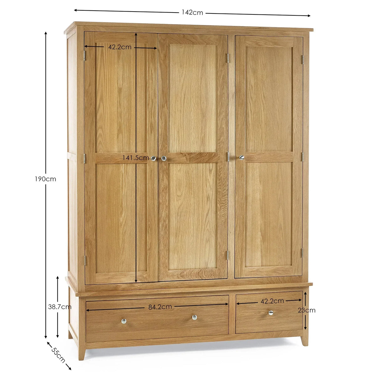 Solid oak wardrobe with three doors, two drawers, and measurements for height and width shown