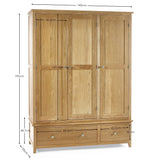 Solid oak wardrobe with three doors, two drawers, and measurements for height and width shown