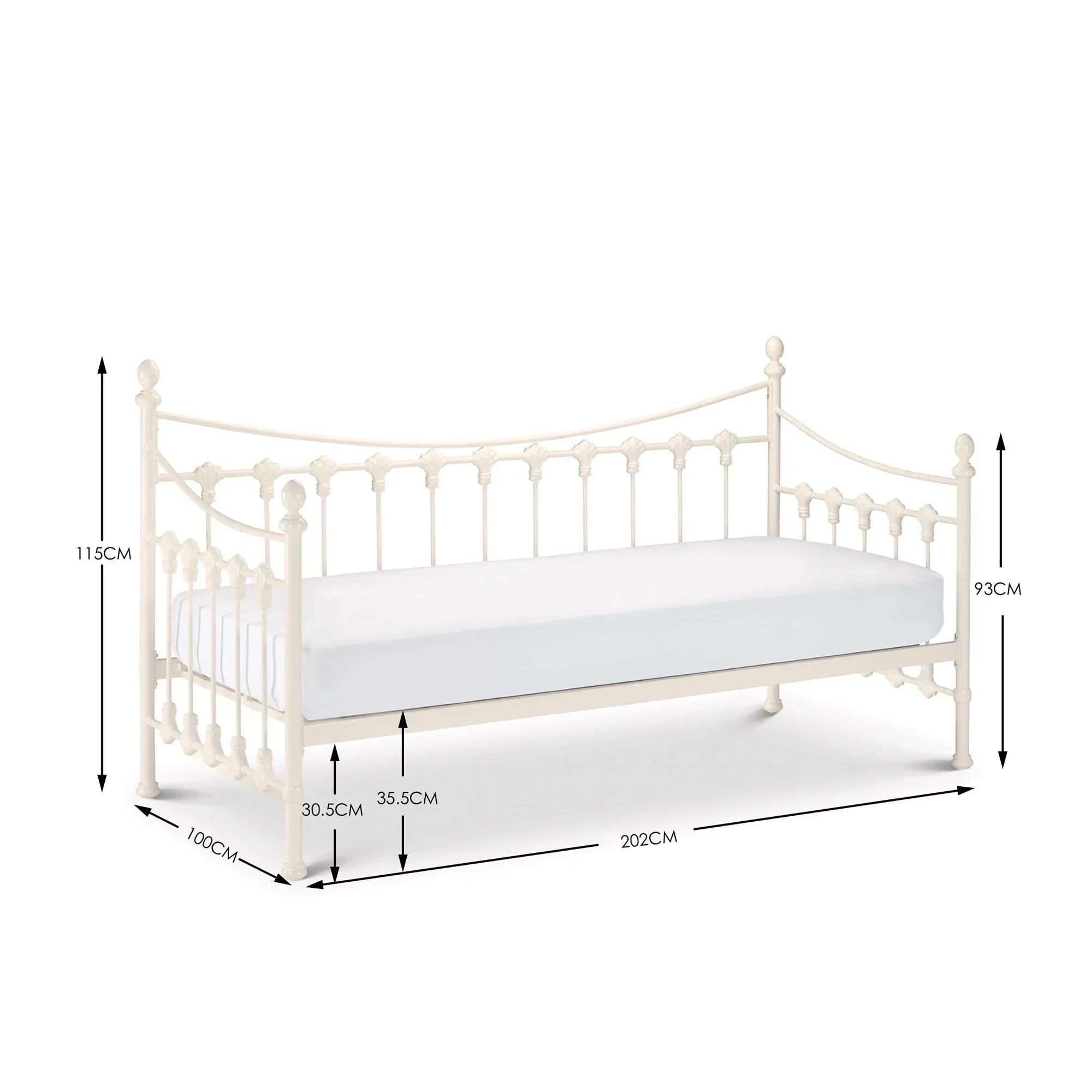 Cream metal day bed frame with ornate headboard and footboard, mattress, and size dimensions