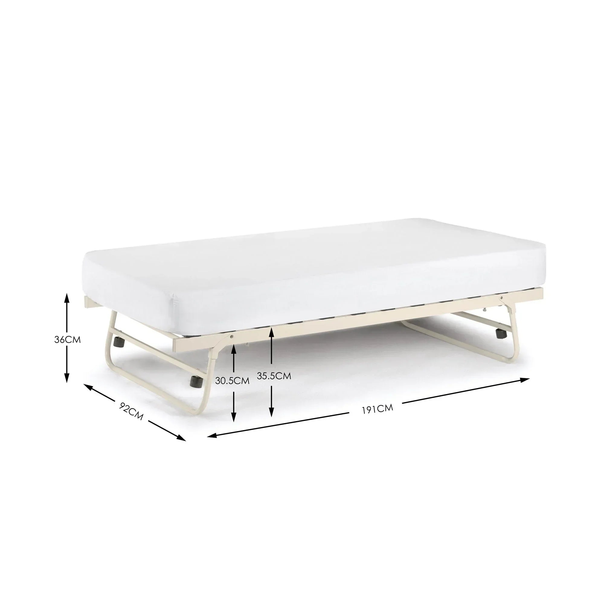 Foldable guest bed with white mattress on metal frame, dimensions marked in centimeters