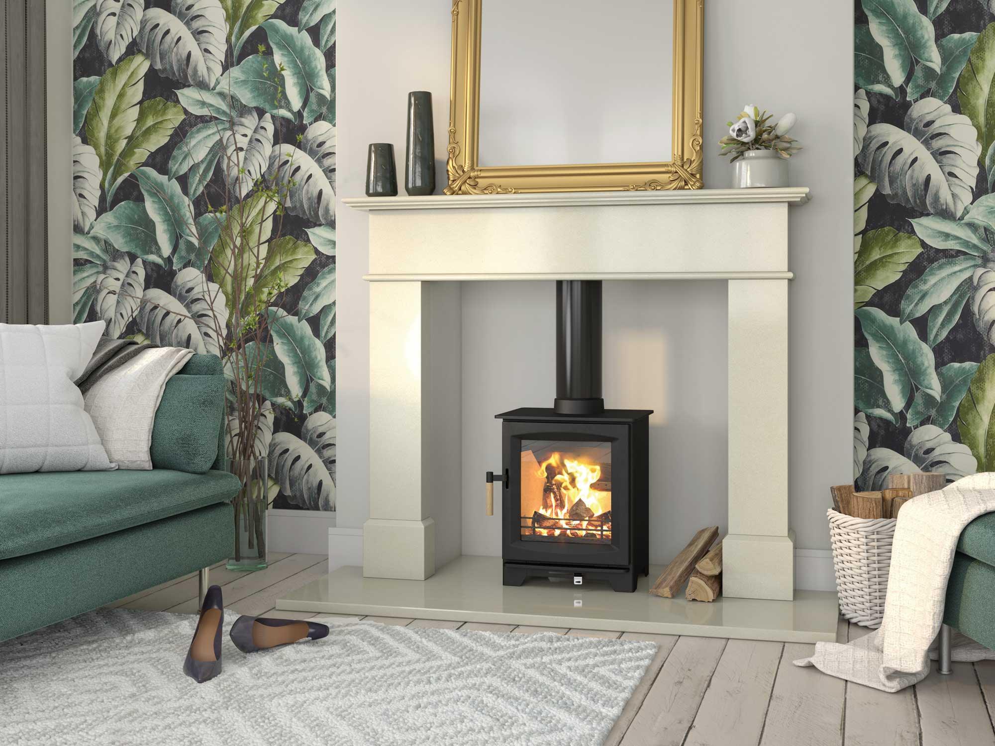 Modern living room with wood burning stove, marble fireplace, and tropical leaf wallpaper