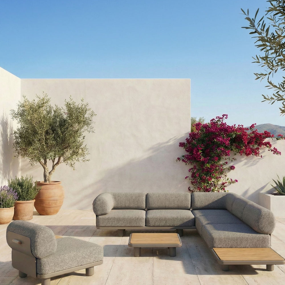 Image of Large outdoor lounging set with coffee table in a modern garden