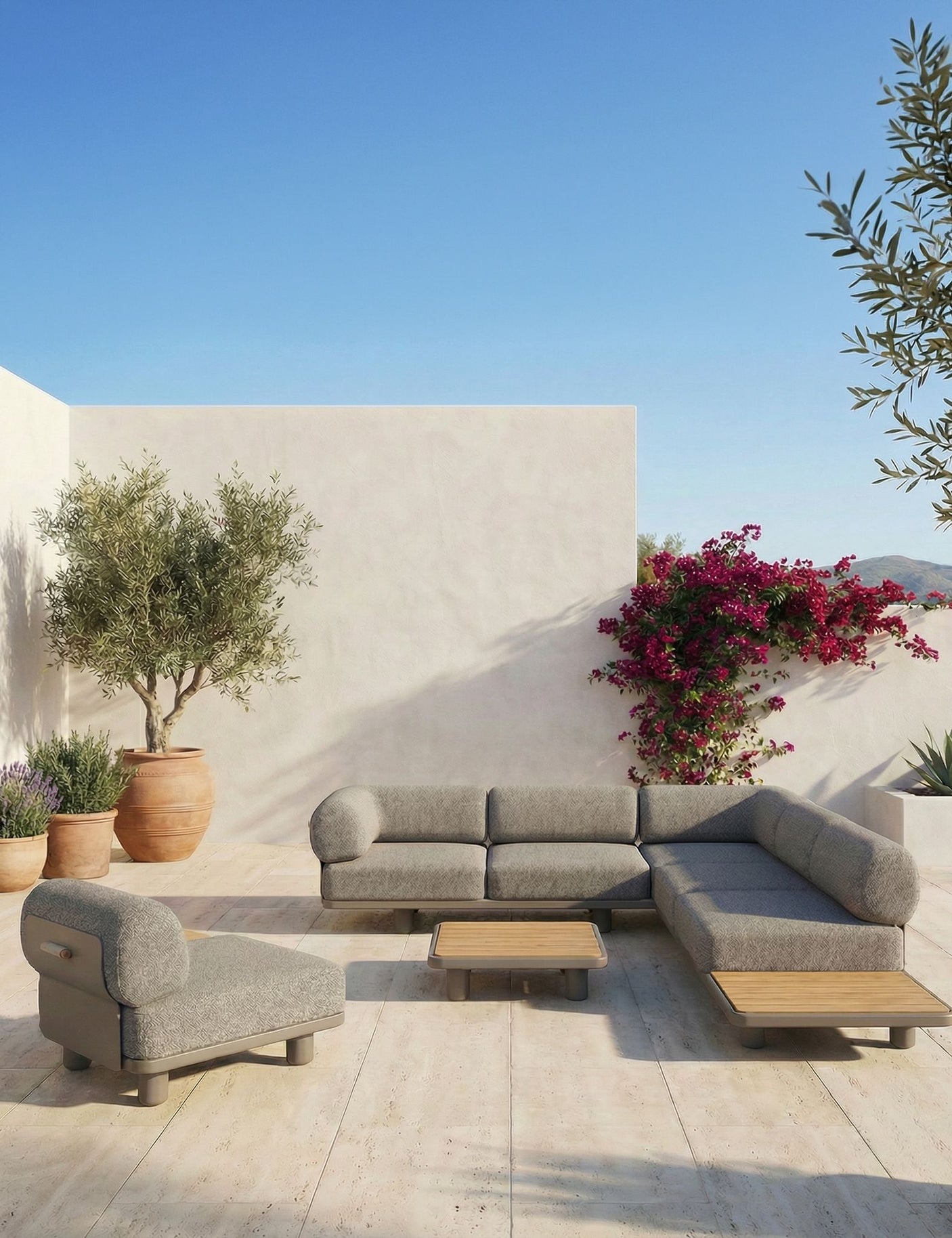 Image of Large outdoor lounging set with coffee table in a modern garden