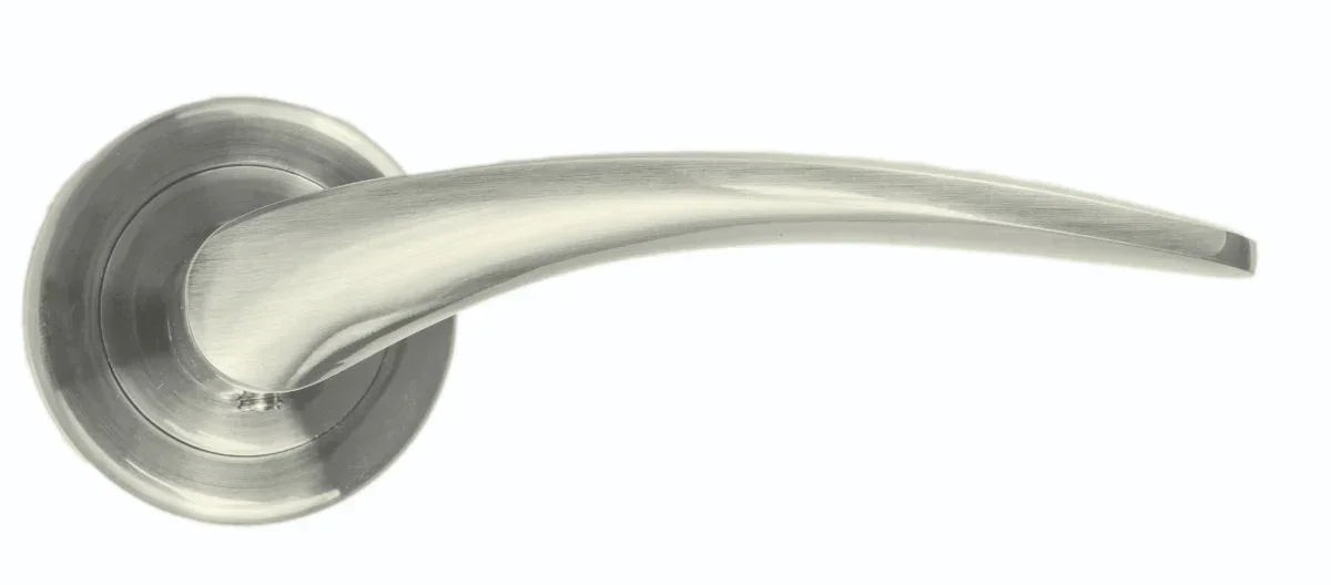 Curved satin nickel door handle with round rose, modern lever style