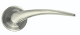 Curved satin nickel door handle with round rose, modern lever style