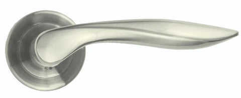 Satin nickel door handle with round rose and smooth modern design