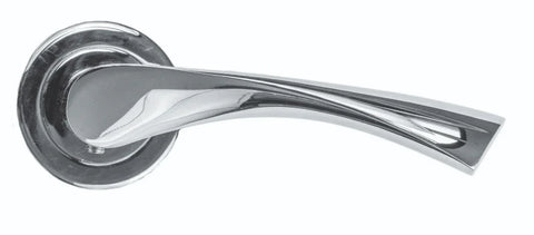 Chrome door handle with round backplate and curved lever design on white background