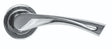 Chrome door handle with round backplate and curved lever design on white background