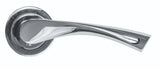 Chrome door handle with round backplate and curved lever design on white background