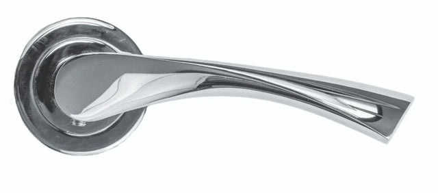 Chrome door handle with round backplate and curved lever design on white background