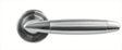 brushed chrome door handle on round rose, modern design, close up view
