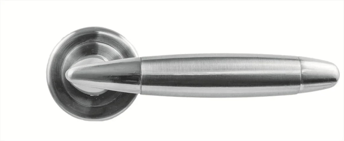 brushed chrome door handle on round rose, modern design, close up view