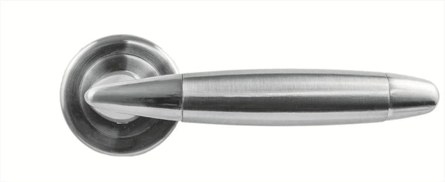 brushed chrome door handle on round rose, modern design, close up view