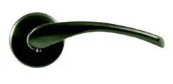 Sleek black door handle with curved design and round base plate