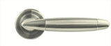 Brushed nickel door handle with round rose mounting, modern lever design shown from above
