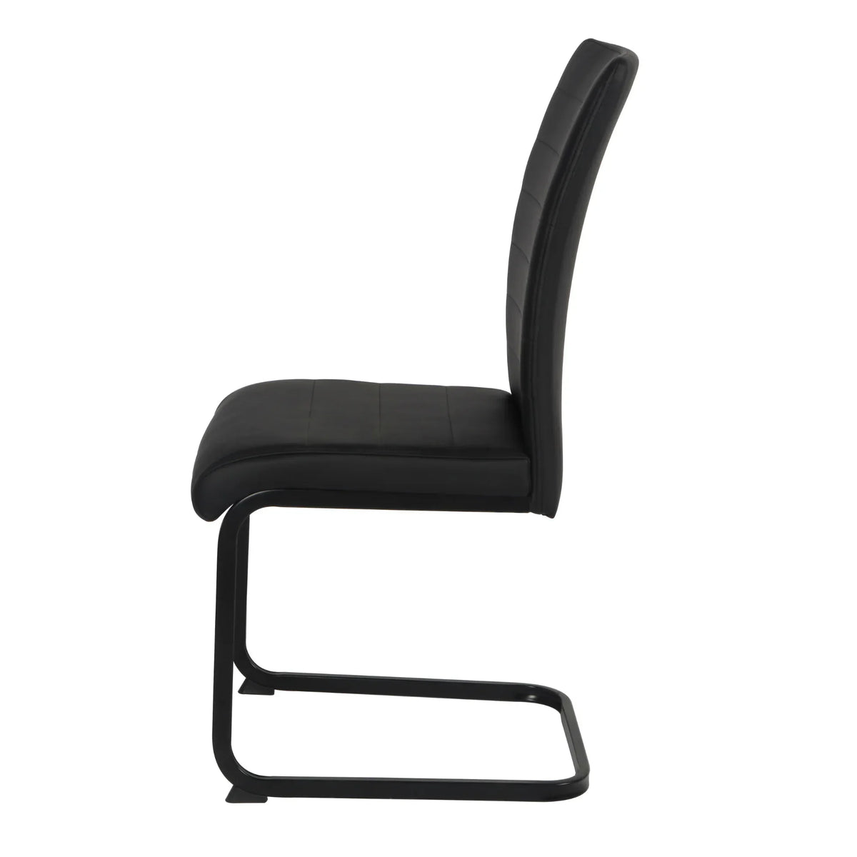Black faux leather dining chair side view with cantilever metal frame
